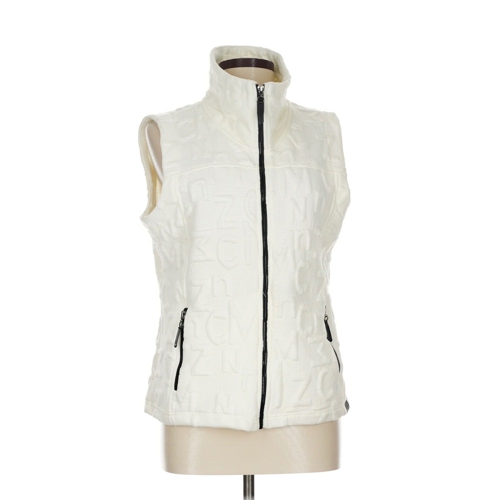 Dolcezza Monogram Jacquard Full Zip Vest Cream Textured Stand Collar Sleeveless